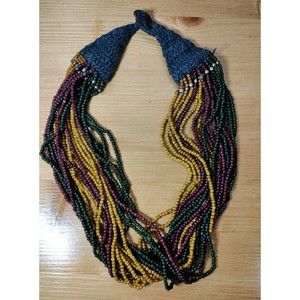 Vintage Beaded Statement Boho Multicolored Wood Beads Necklace Crochet 26"
